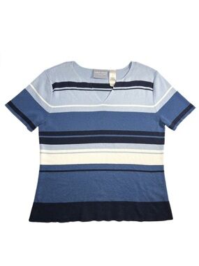 Vintage 90s First Issue Liz Claiborne Blue Striped Knit Top Womens M Preppy